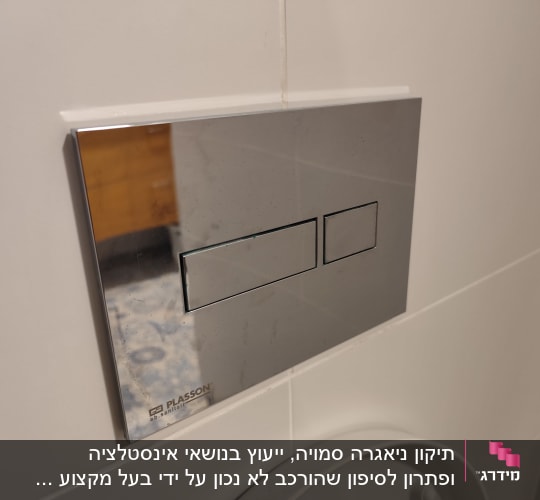לחצן הדחה כרום מבריק של ניאגרה סמויה מותקן על קיר אריחים